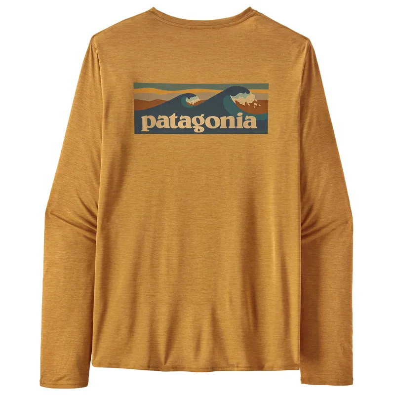 Patagonia Long-Sleeved Capilene Cool Daily Graphic Shirt Mens Boardshort Logo Pufferfish Gold X-Dye