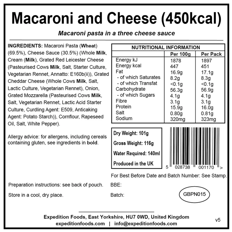 2023 Expedition Foods Macaroni and Cheese High Energy Serving 800kCal-1