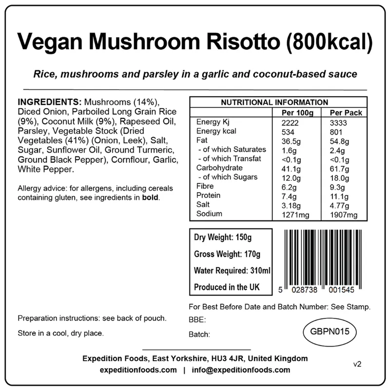 2023 Expedition Foods Vegan Mushroom Risotto High Energy Serving 800kCal-1