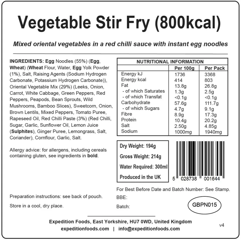 2023 Expedition Foods Vegetable Stir Fry High Energy Serving 800kCal-1