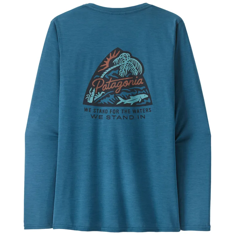 2023 Patagonia Long Sleeve Cap Cool Daily Women's Graphic Shirt - Waters Bayou Badge Wavy Blue-2