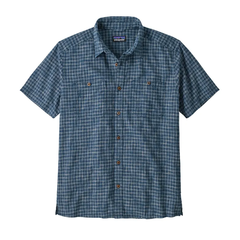 Patagonia Back Step Shirt Mens Organic Cotton Hemp Blend Shirt - Ikat Net Stone Blue