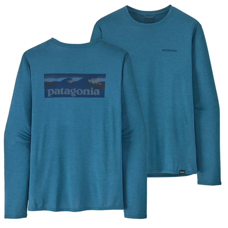 Patagonia Long-Sleeved Capilene Cool Daily Graphic Shirt Mens - Waters Boardshort Logo Wavy Blue X-Dye